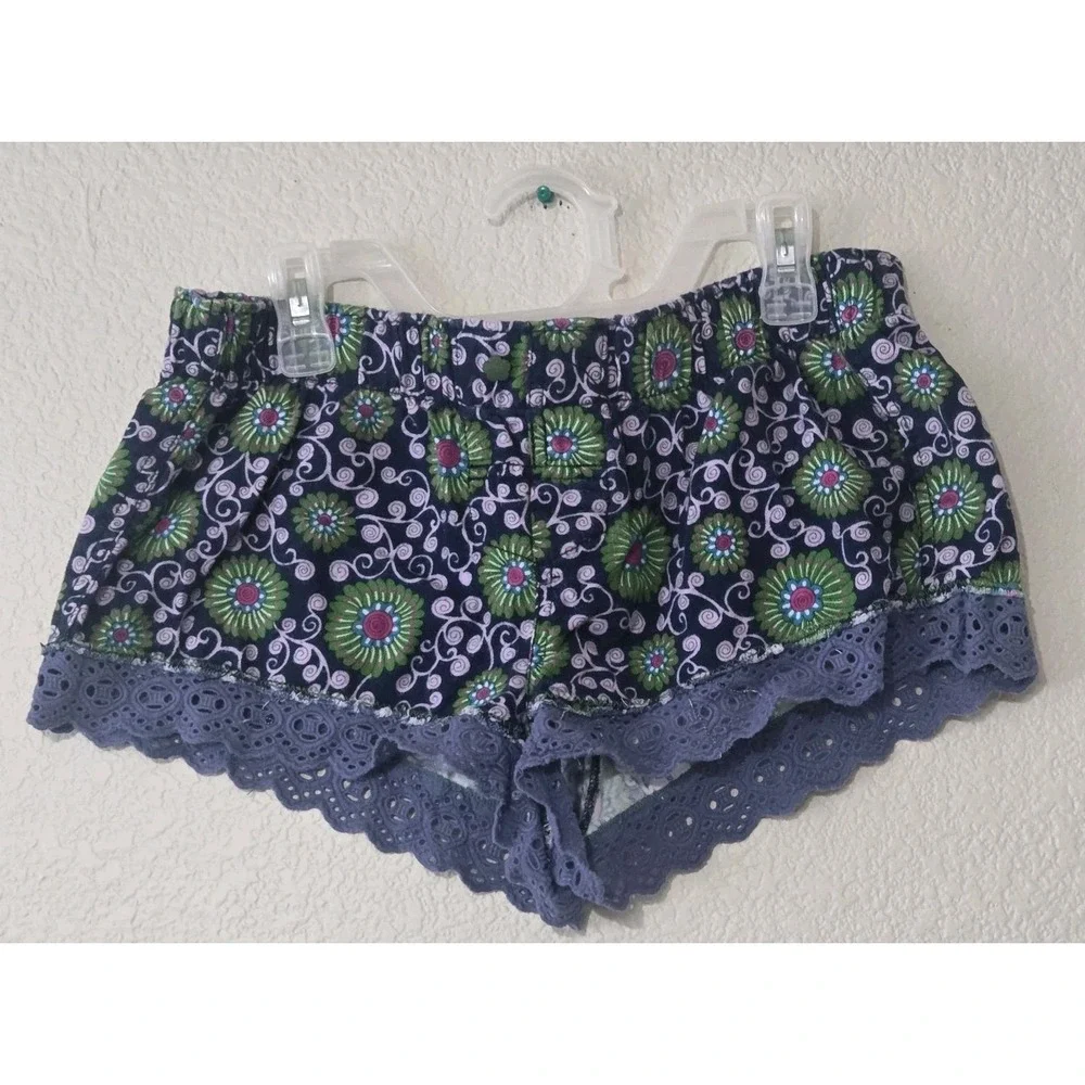 Free People Floral Paisley Green Blue Micro Shorts Eyelet Lace Elastic Band Sz S